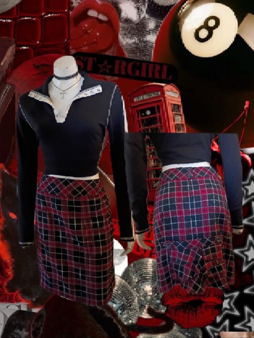 Y2k New York Clothing Co. Black & Red Plaid Midi Skirt W/ Tiered Ruffled Back 6